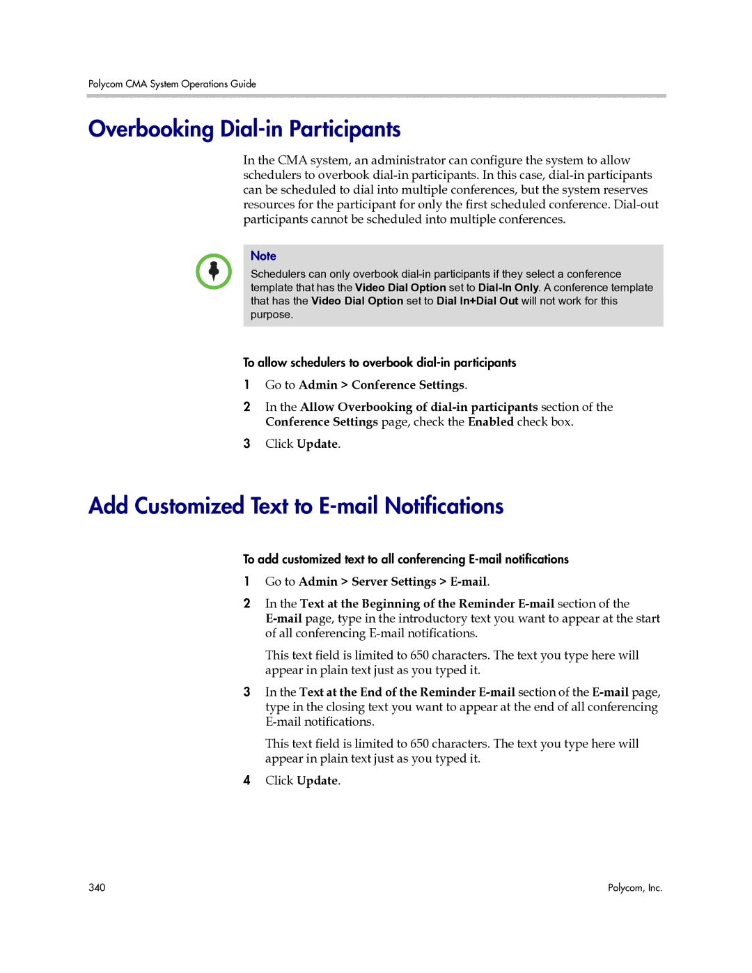 Polycom 3725-77601-001H manual Overbooking Dial-in Participants, Add Customized Text to E-mail Notifications 