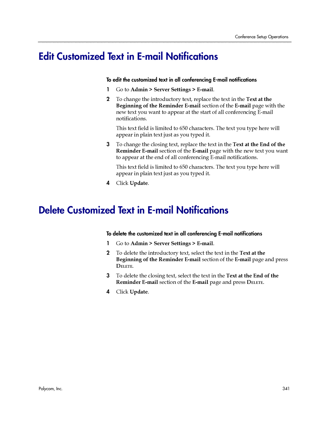 Polycom 3725-77601-001H manual Edit Customized Text in E-mail Notifications, Delete Customized Text in E-mail Notifications 