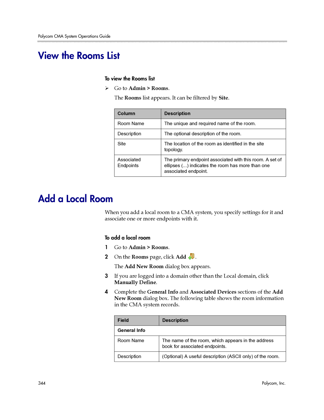 Polycom 3725-77601-001H manual View the Rooms List, Add a Local Room,  Go to Admin Rooms 