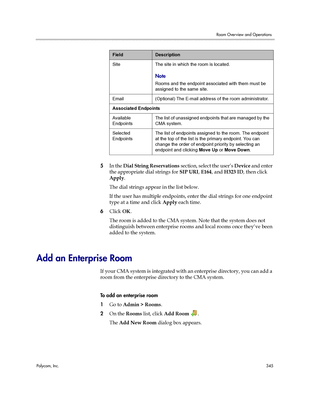 Polycom 3725-77601-001H manual Add an Enterprise Room, Field Description Site Site in which the room is located 