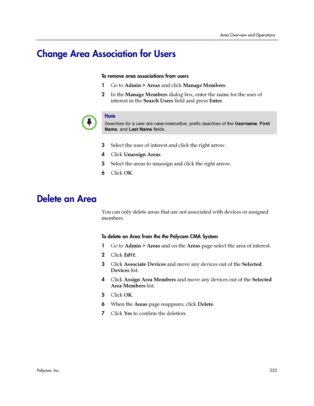 Polycom 3725-77601-001H manual Change Area Association for Users, Delete an Area, Click Unassign Areas 