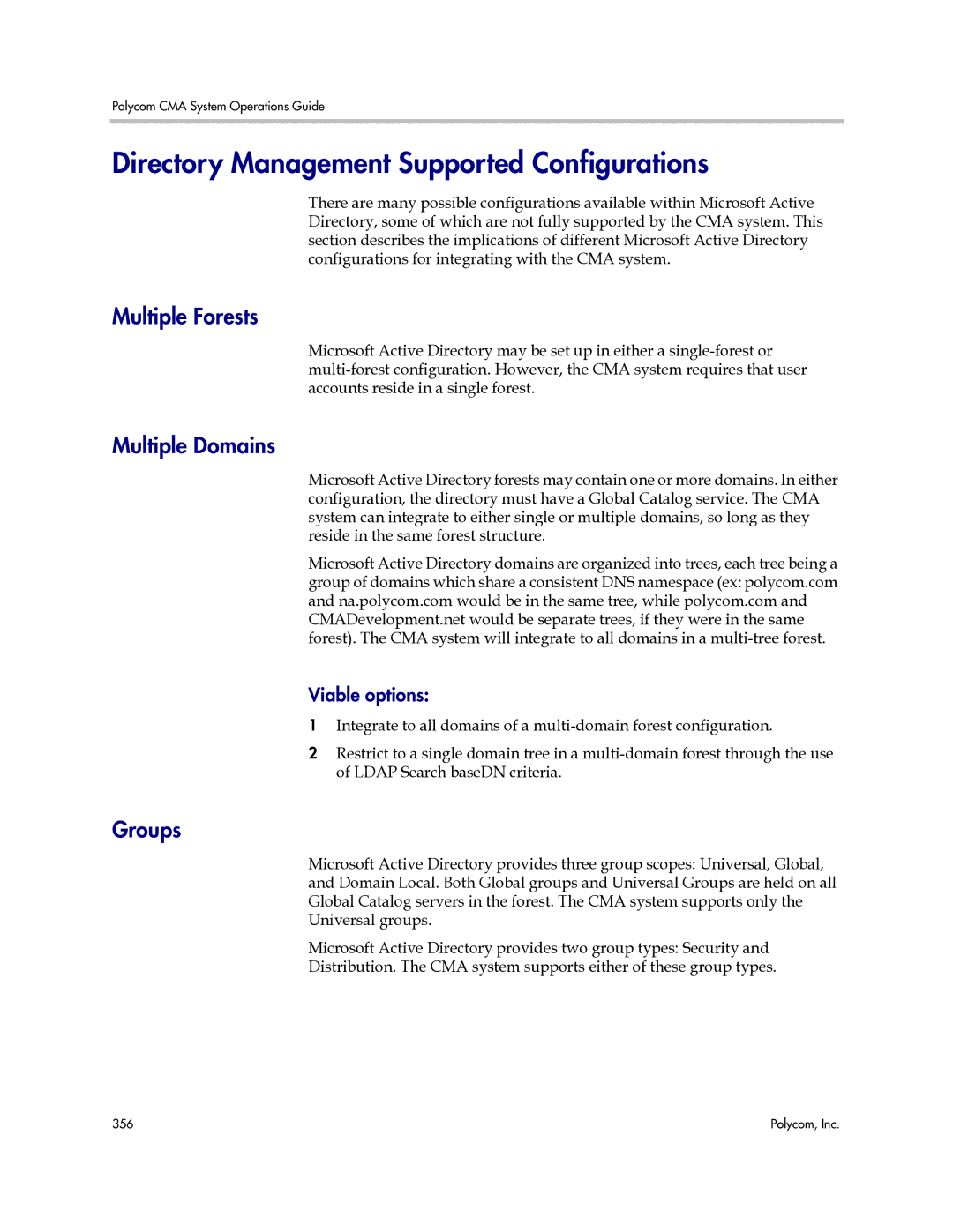 Polycom 3725-77601-001H Directory Management Supported Configurations, Multiple Forests, Multiple Domains, Viable options 