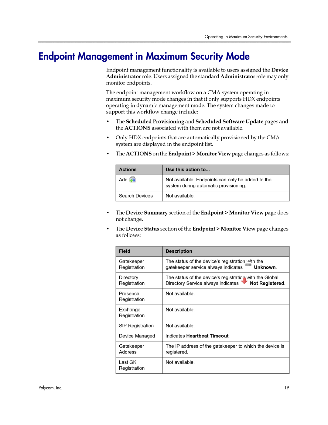 Polycom 3725-77601-001H manual Endpoint Management in Maximum Security Mode 