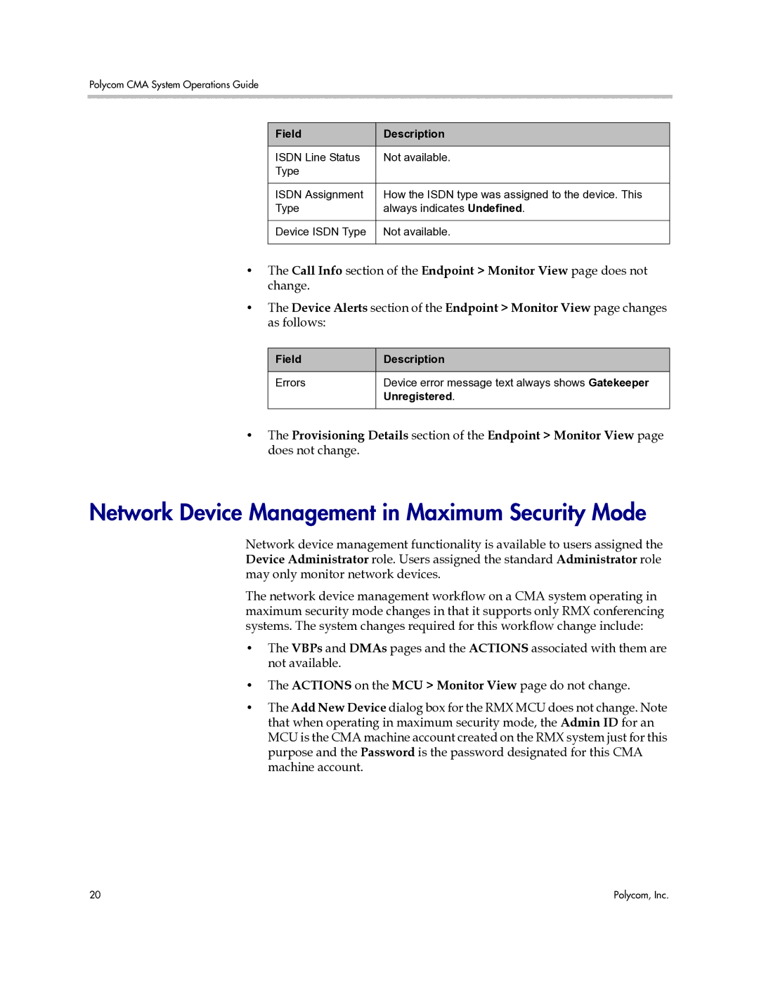 Polycom 3725-77601-001H manual Network Device Management in Maximum Security Mode, Field 