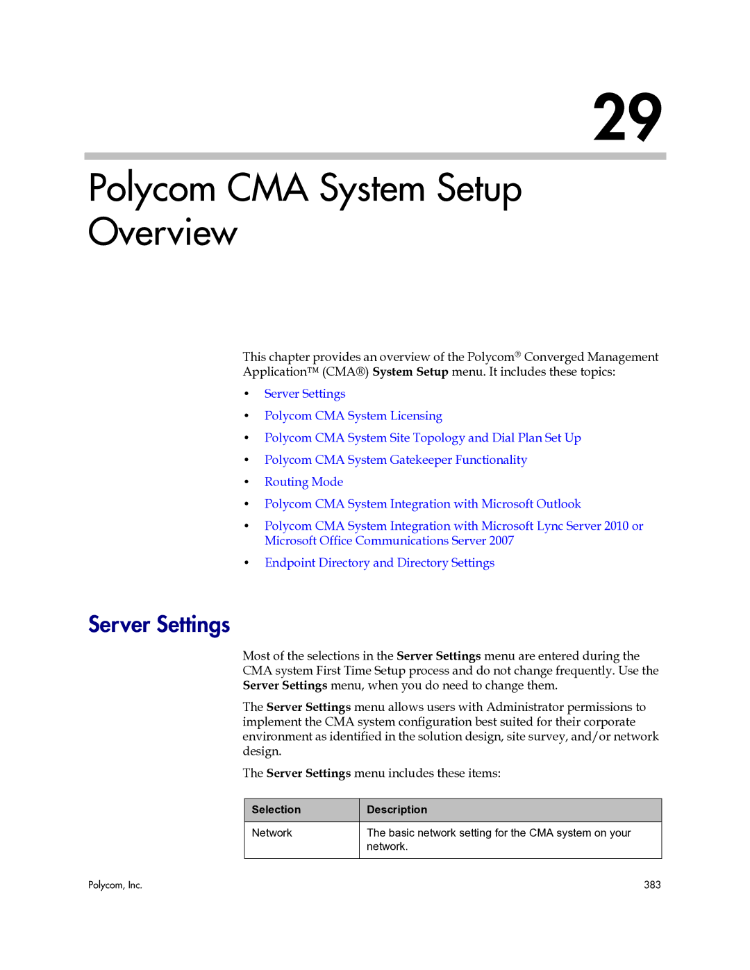 Polycom 3725-77601-001H manual Polycom CMA System Setup Overview, Server Settings, Selection Description 