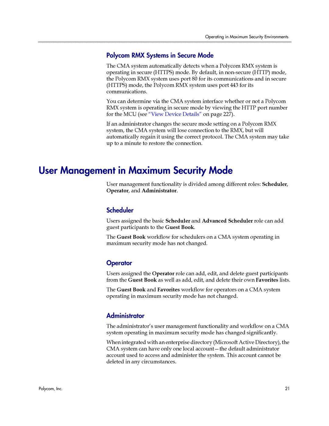 Polycom 3725-77601-001H User Management in Maximum Security Mode, Polycom RMX Systems in Secure Mode, Scheduler, Operator 