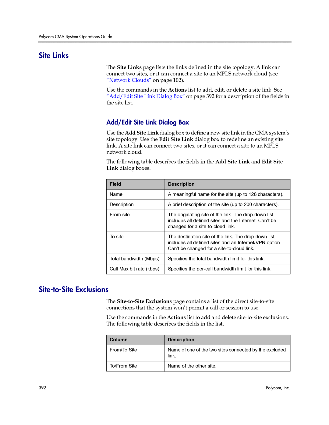 Polycom 3725-77601-001H manual Site Links, Site-to-Site Exclusions, Add/Edit Site Link Dialog Box 