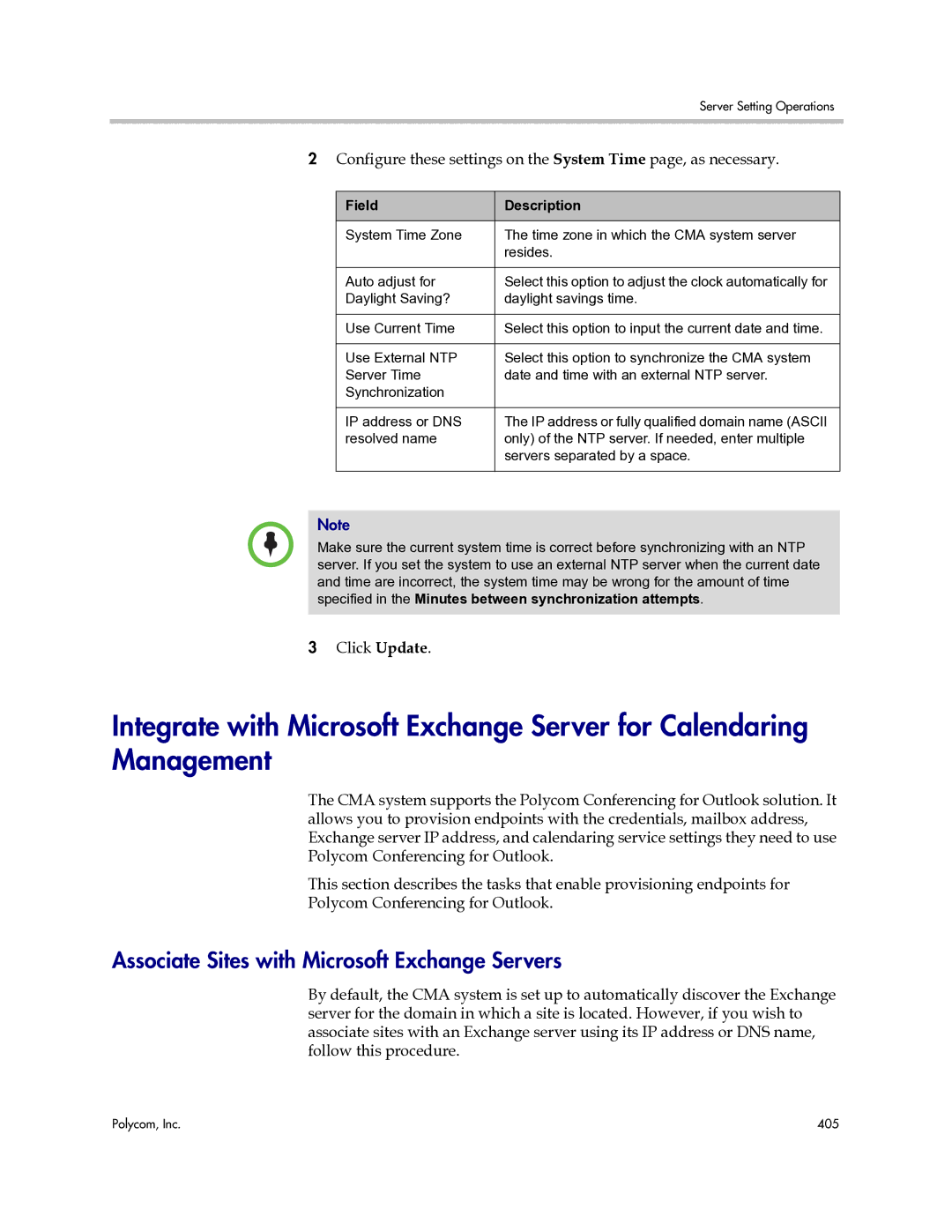 Polycom 3725-77601-001H manual Associate Sites with Microsoft Exchange Servers, Click Update 