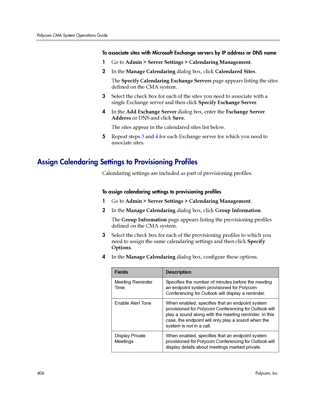 Polycom 3725-77601-001H manual Assign Calendaring Settings to Provisioning Profiles, Fields Description 