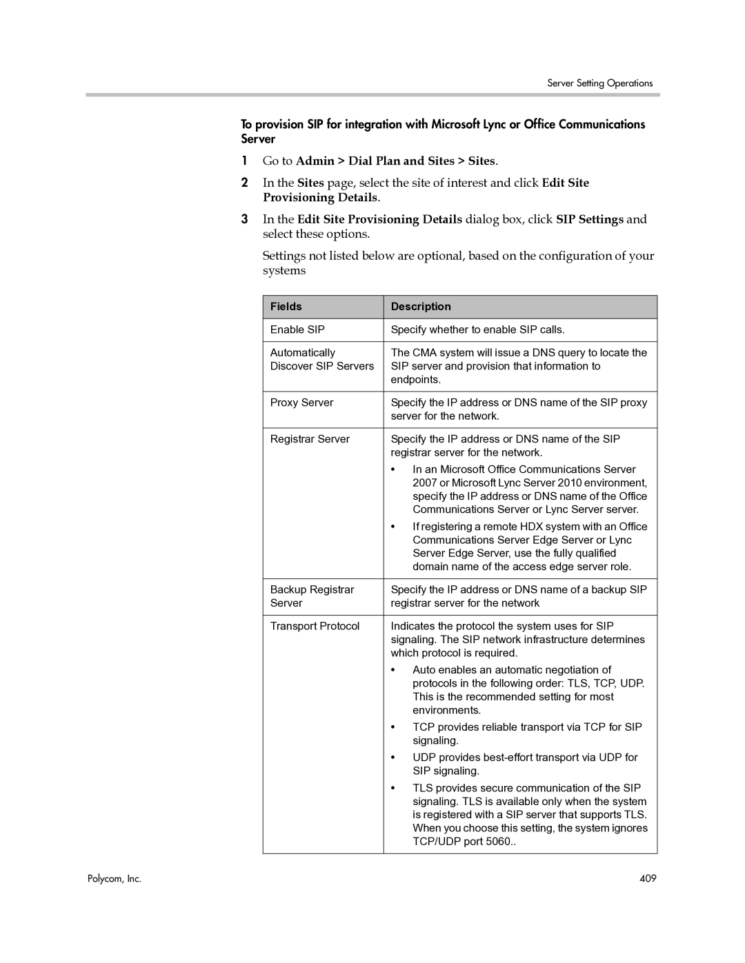 Polycom 3725-77601-001H manual Go to Admin Dial Plan and Sites Sites, Fields Description 