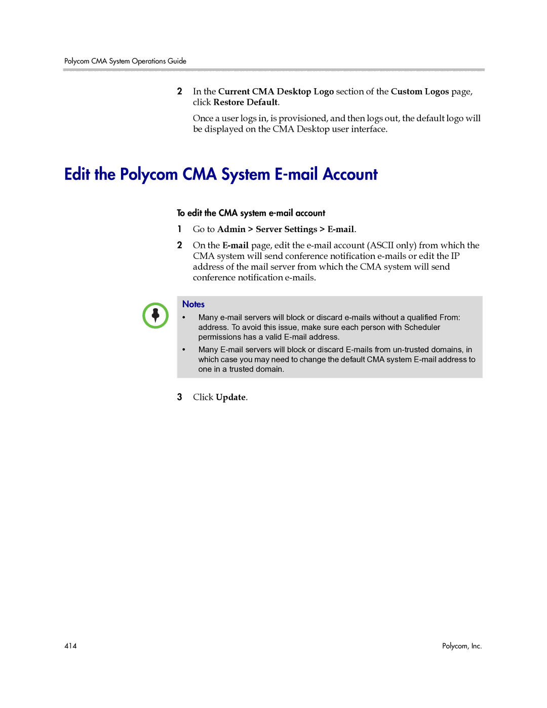 Polycom 3725-77601-001H manual Edit the Polycom CMA System E-mail Account, Go to Admin Server Settings E-mail 