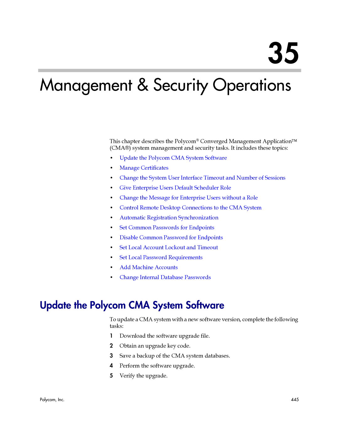 Polycom 3725-77601-001H manual Management & Security Operations, Update the Polycom CMA System Software 