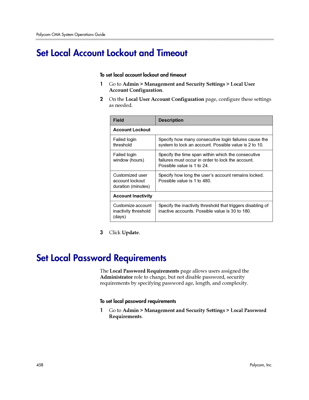 Polycom 3725-77601-001H manual Set Local Account Lockout and Timeout, Set Local Password Requirements 