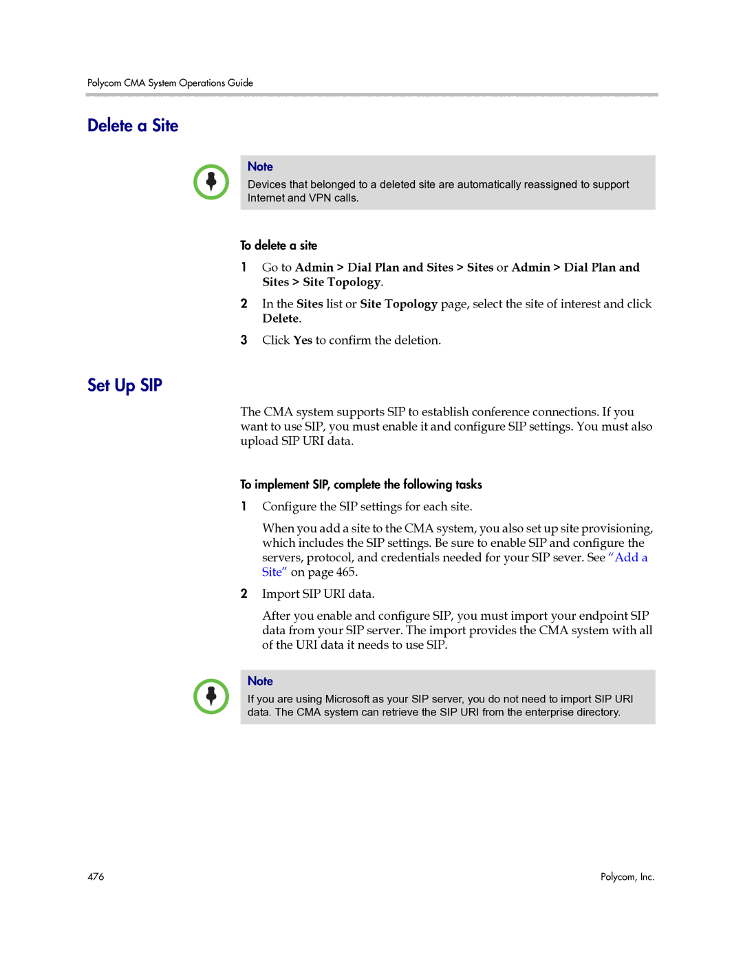 Polycom 3725-77601-001H manual Delete a Site, Set Up SIP 