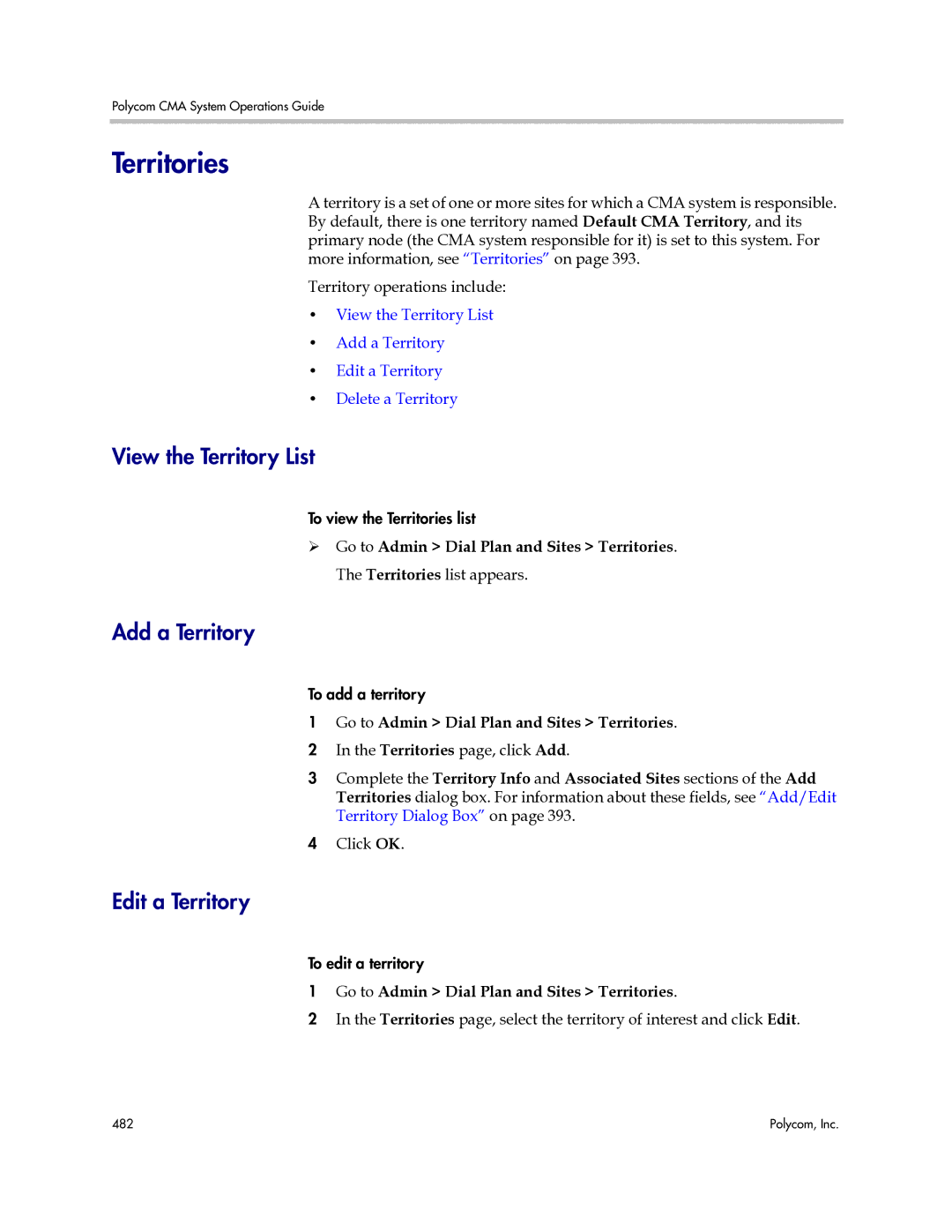 Polycom 3725-77601-001H manual Territories, View the Territory List, Add a Territory, Edit a Territory 