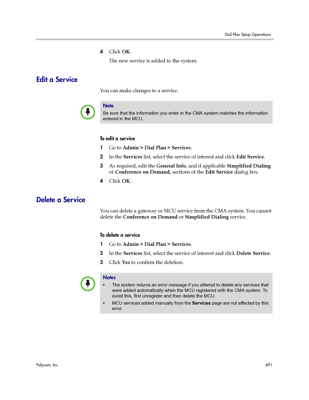 Polycom 3725-77601-001H manual Edit a Service, Delete a Service, Click OK New service is added to the system 