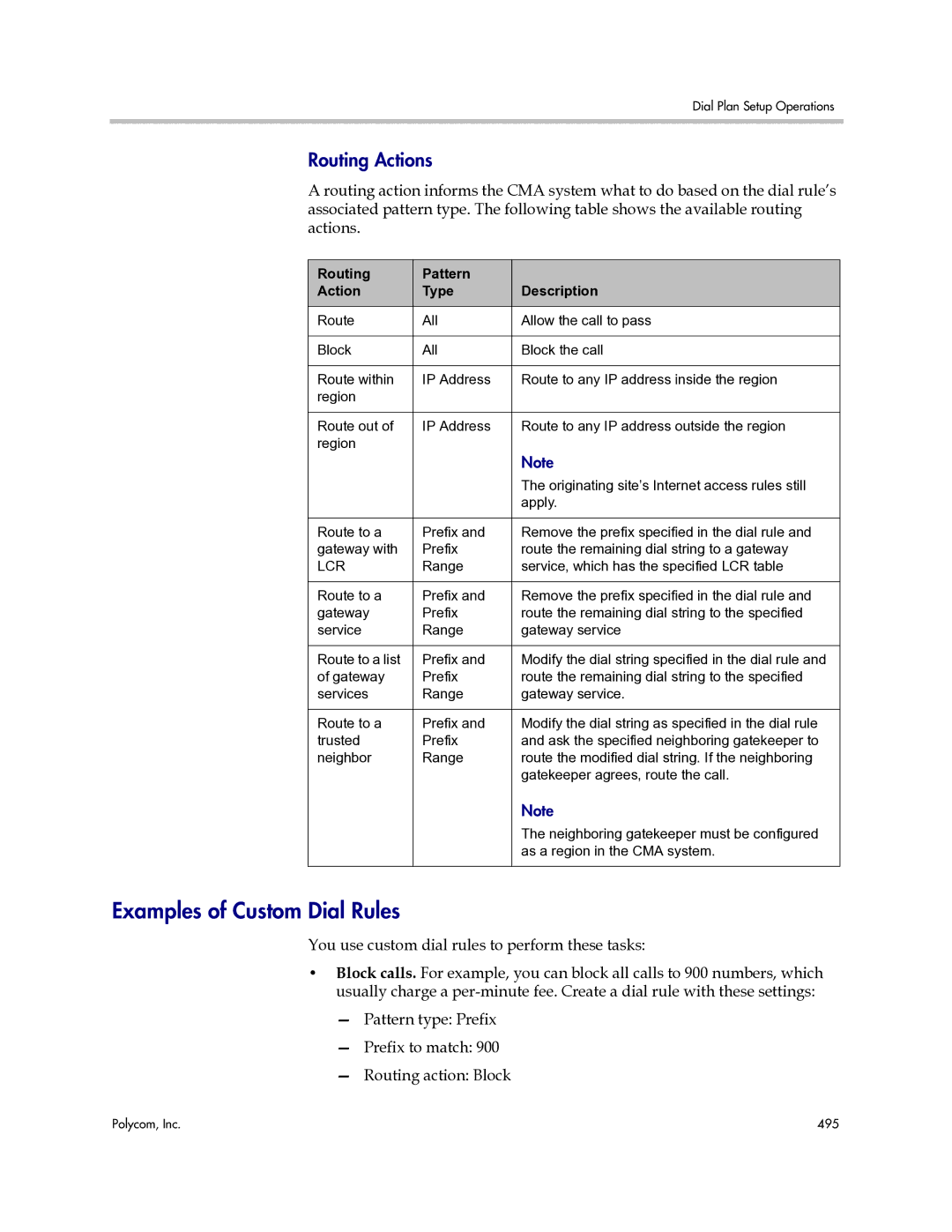 Polycom 3725-77601-001H manual Examples of Custom Dial Rules, Routing Actions, Routing Pattern Description Action Type, Lcr 