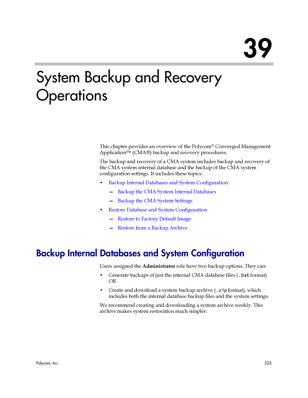 Polycom 3725-77601-001H manual System Backup and Recovery Operations, Backup Internal Databases and System Configuration 