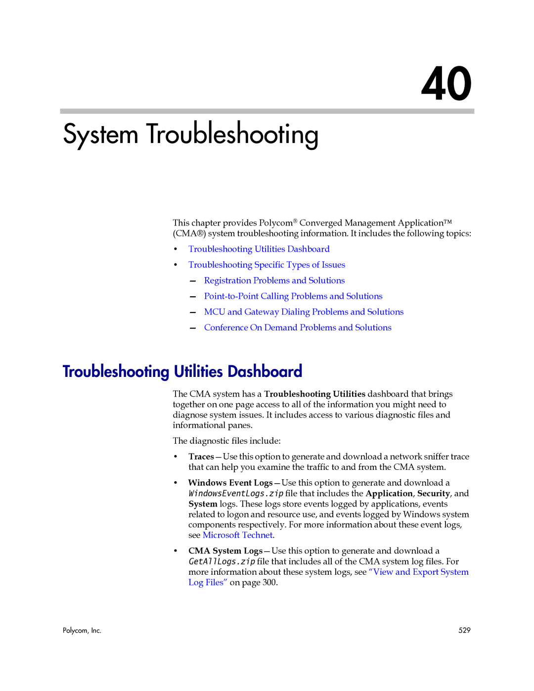 Polycom 3725-77601-001H manual System Troubleshooting, Troubleshooting Utilities Dashboard 