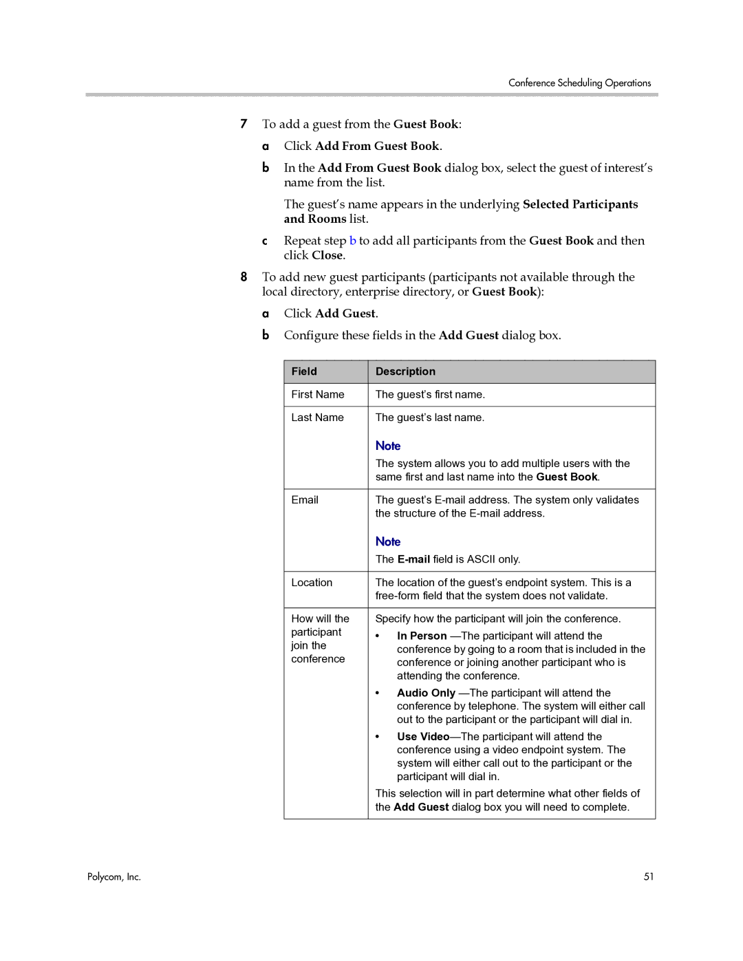 Polycom 3725-77601-001H manual Click Add Guest, Configure these fields in the Add Guest dialog box 