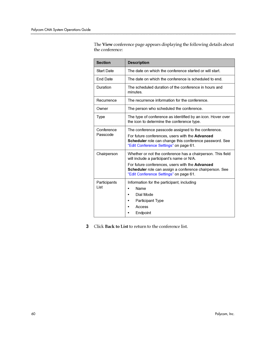 Polycom 3725-77601-001H manual Click Back to List to return to the conference list, Edit Conference Settings on 