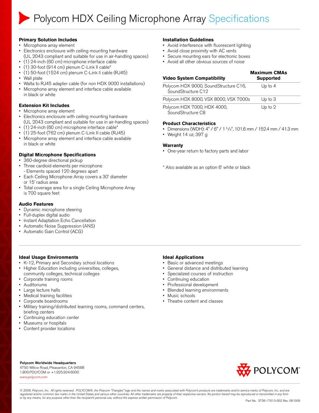 Polycom 3726-17613-002 Primary Solution Includes, Installation Guidelines, Maximum CMAs, Extension Kit Includes, Warranty 