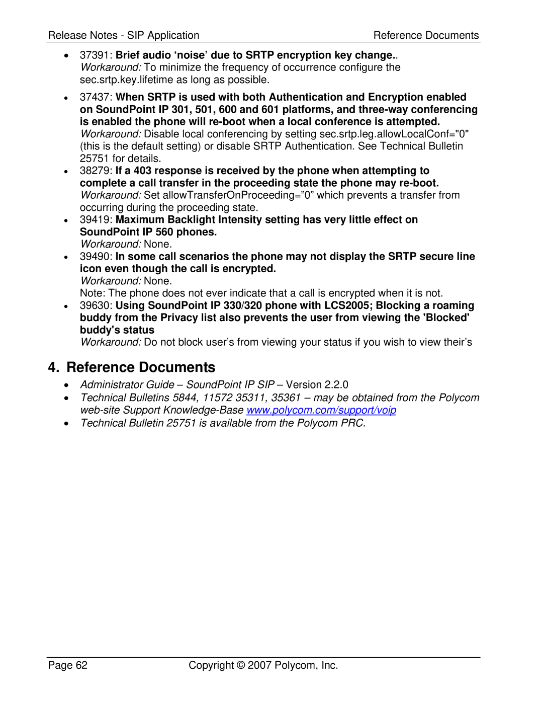 Polycom 3804-11530-222 manual Reference Documents, Brief audio ‘noise’ due to Srtp encryption key change 