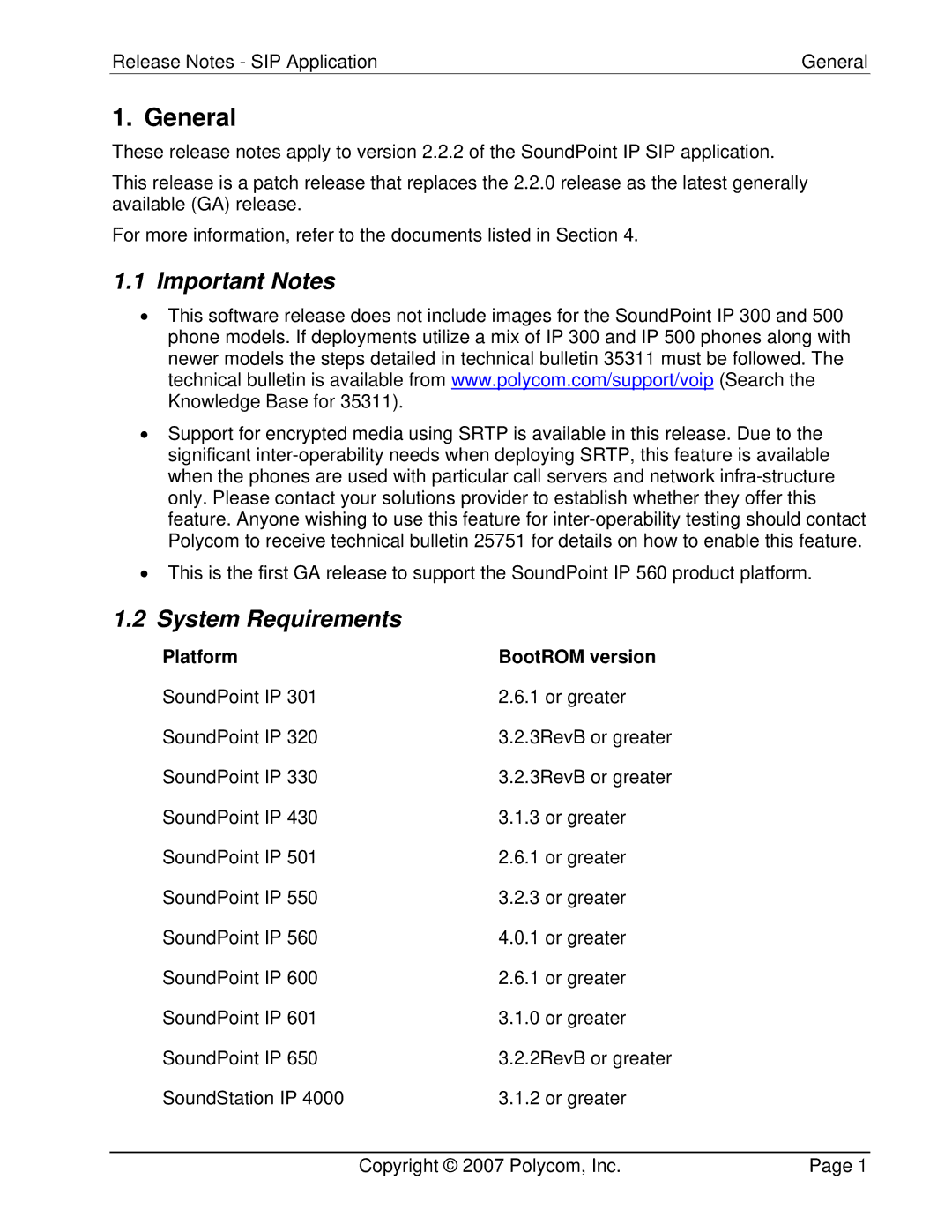 Polycom 3804-11530-222 manual Important Notes, System Requirements, Platform BootROM version 