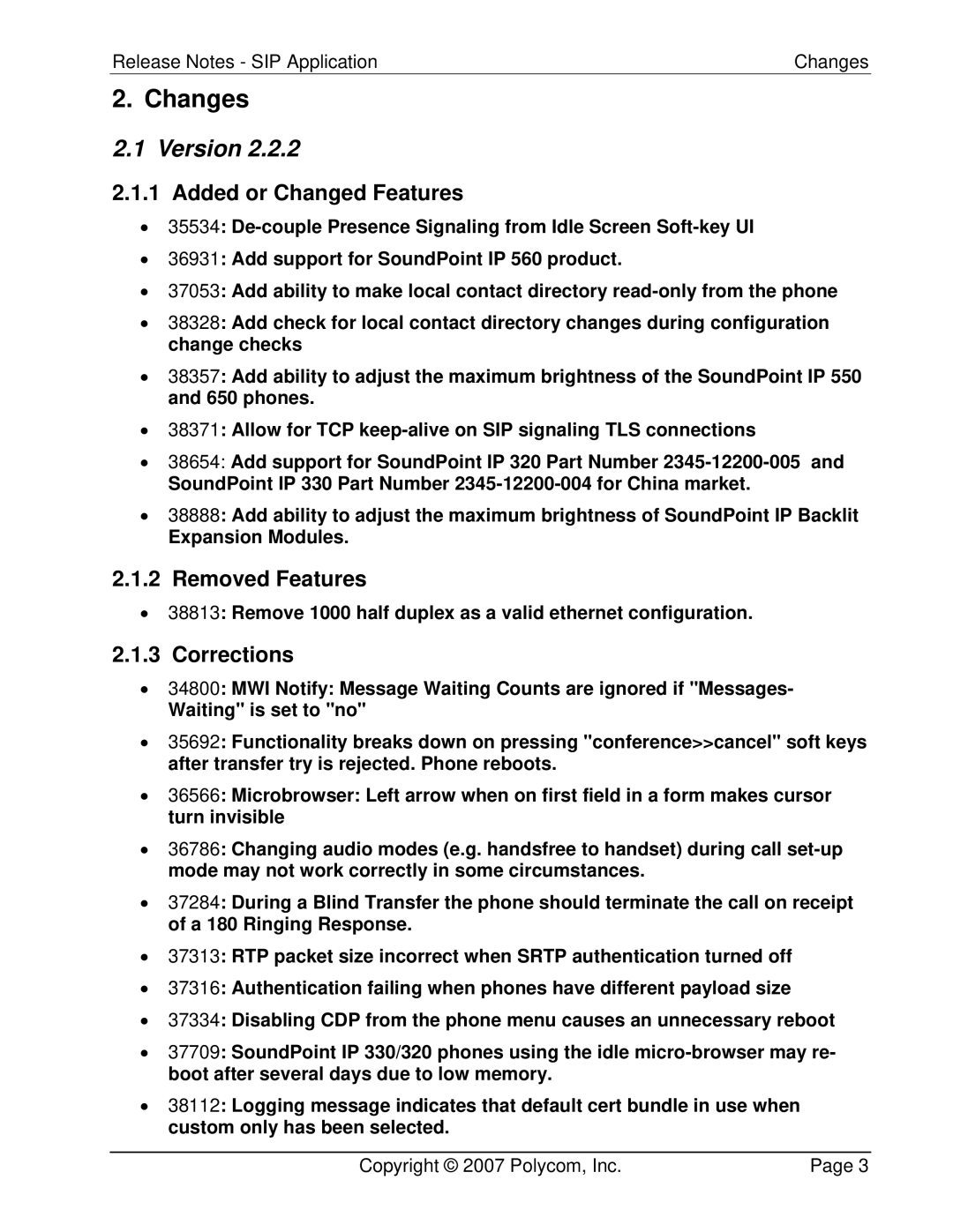 Polycom 3804-11530-222 manual Version, Added or Changed Features, Removed Features, Corrections 
