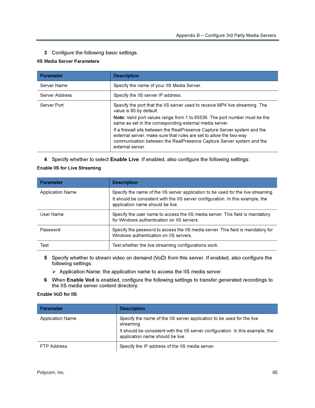 Polycom 40/0 manual IIS Media Server Parameters Description, Enable IIS for Live Streaming Parameter Description 