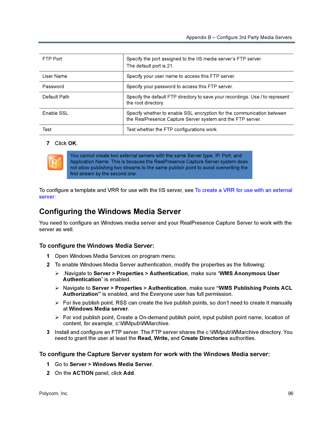 Polycom 40/0 Configuring the Windows Media Server, To configure the Windows Media Server, On the Action panel, click Add 