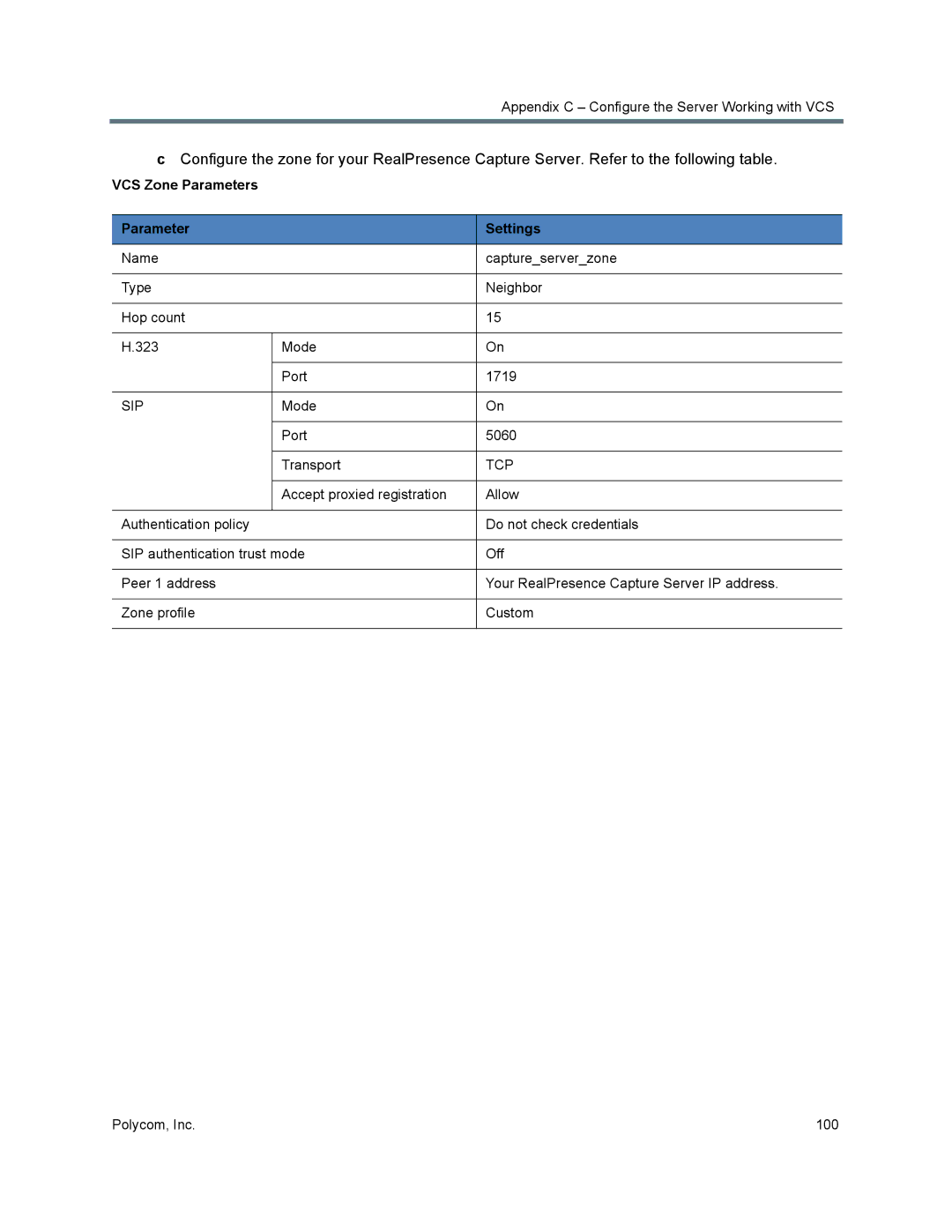 Polycom 40/0 manual VCS Zone Parameters Settings, Tcp 