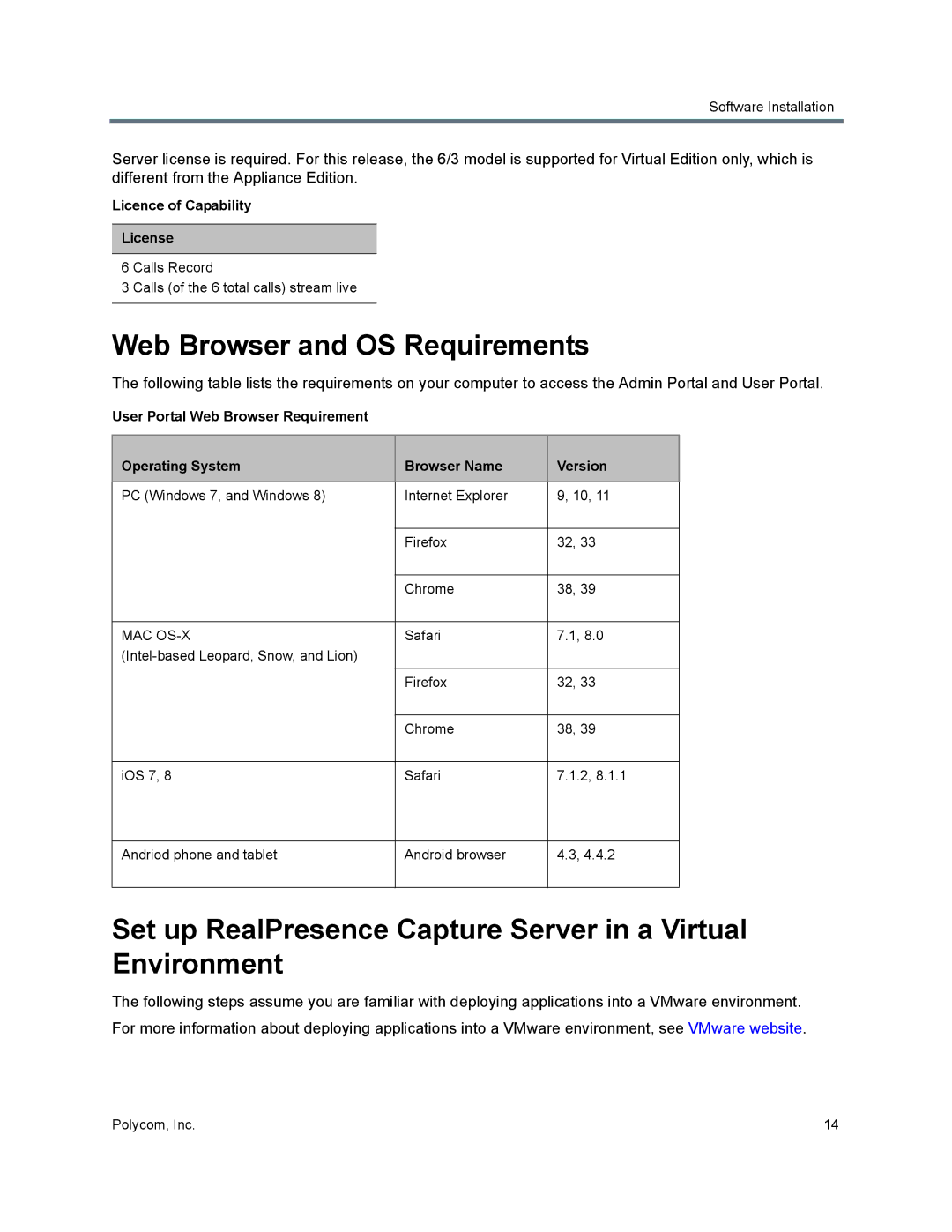 Polycom 40/0 manual Web Browser and OS Requirements, Set up RealPresence Capture Server in a Virtual Environment 