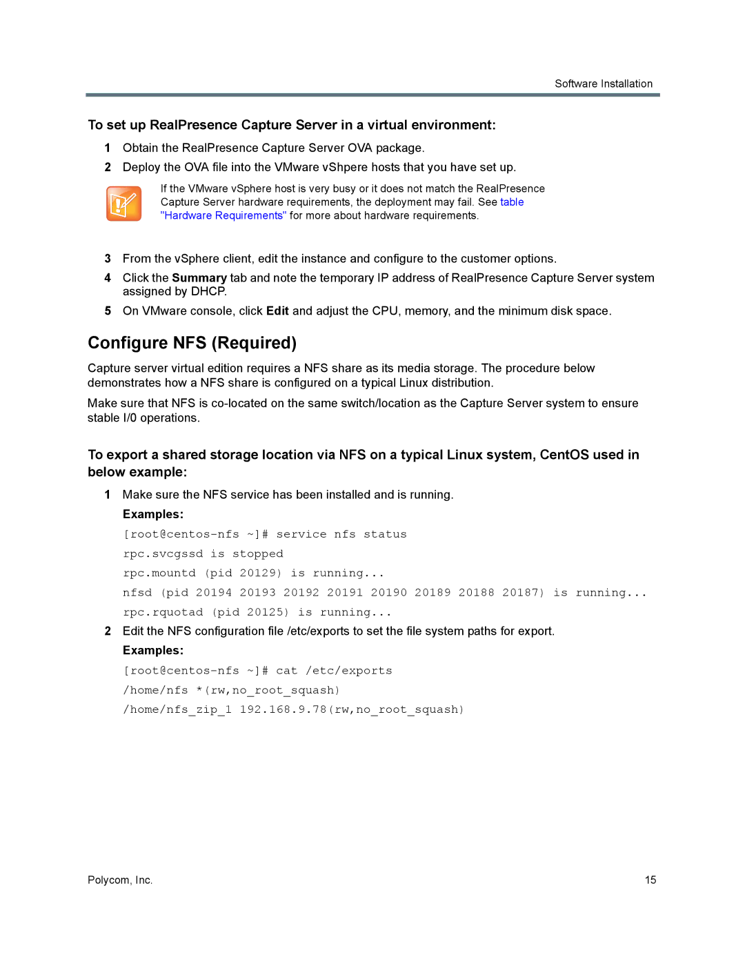 Polycom 40/0 manual Configure NFS Required, Make sure the NFS service has been installed and is running, Examples 