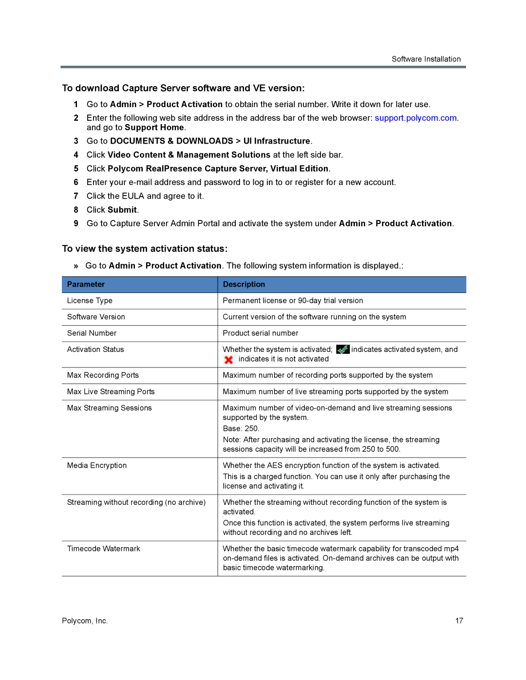 Polycom 40/0 manual To download Capture Server software and VE version, To view the system activation status 