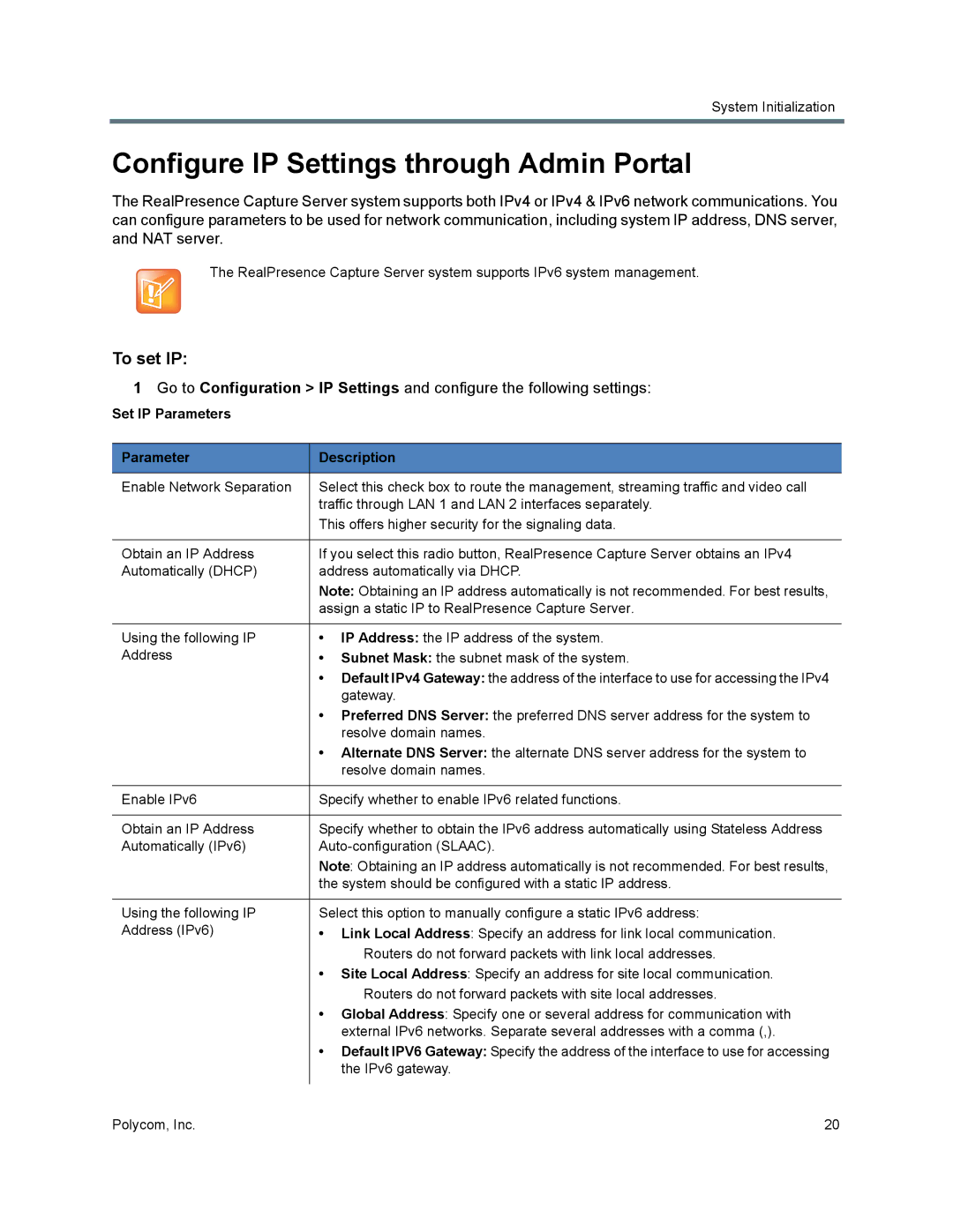 Polycom 40/0 manual Configure IP Settings through Admin Portal, To set IP, Set IP Parameters Description 