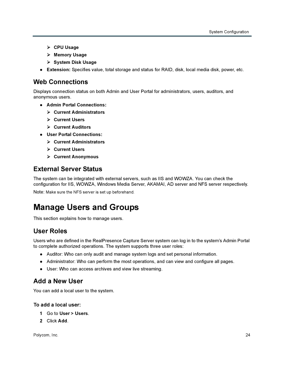 Polycom 40/0 manual Manage Users and Groups, Web Connections, External Server Status, User Roles, Add a New User 