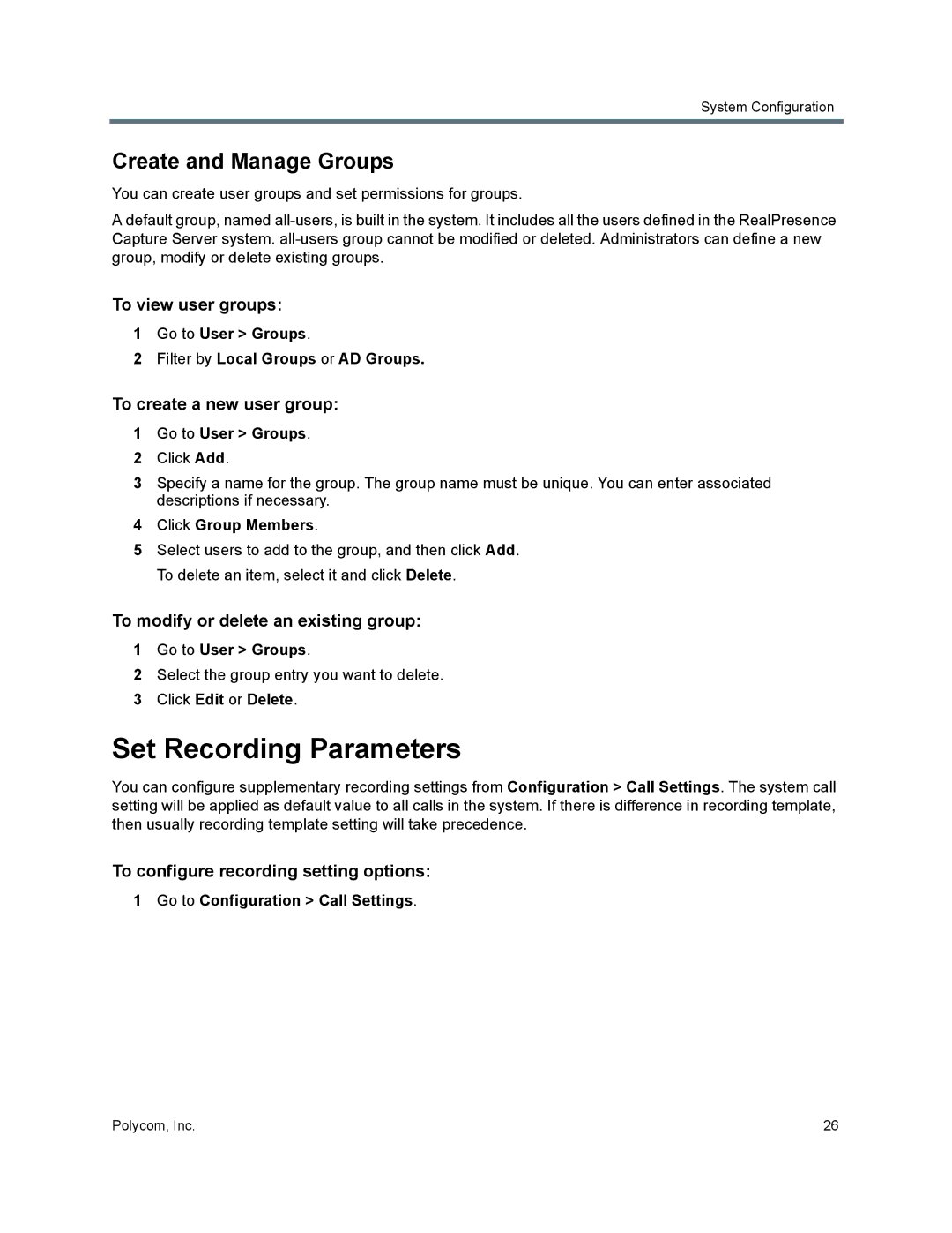 Polycom 40/0 manual Set Recording Parameters, Create and Manage Groups 