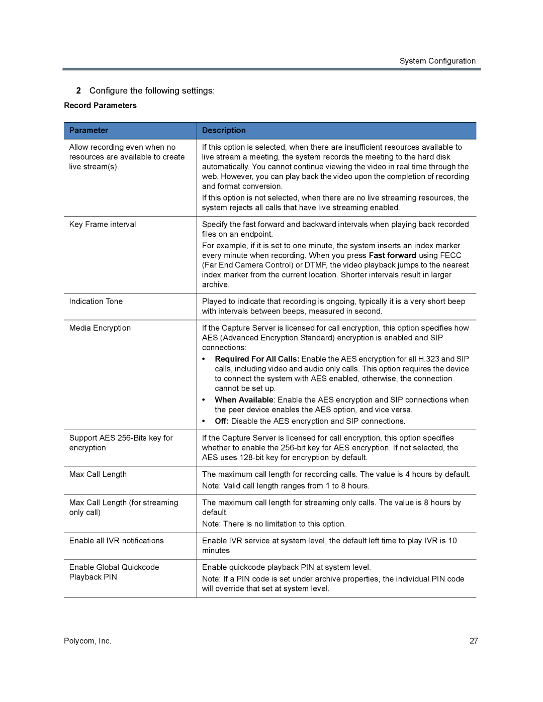 Polycom 40/0 manual Configure the following settings, Record Parameters Description 