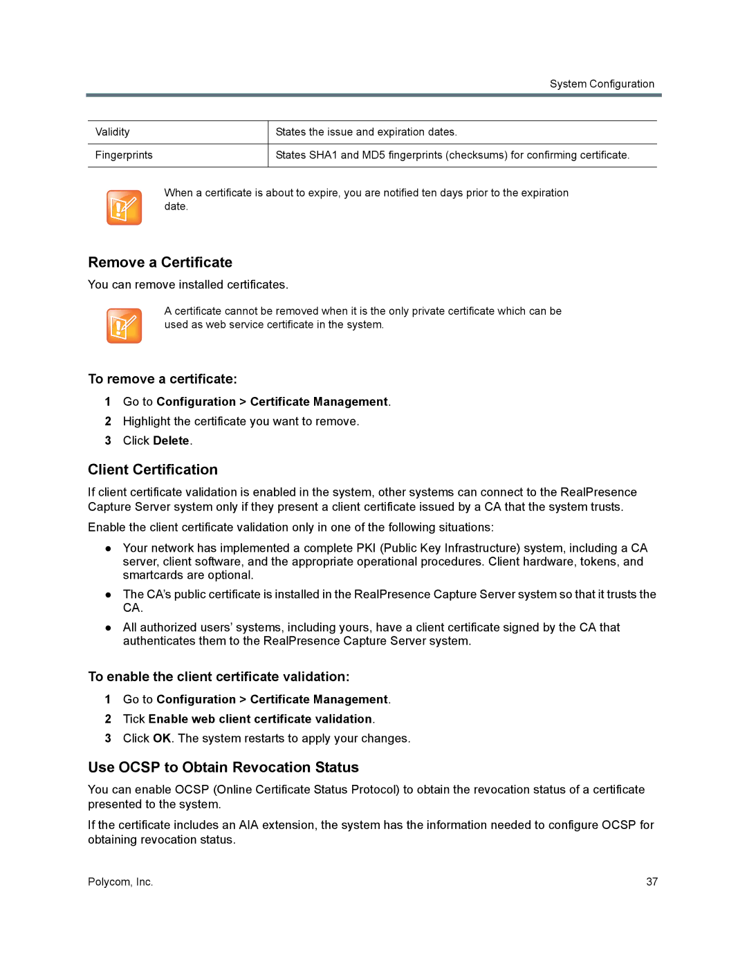 Polycom 40/0 Remove a Certificate, Client Certification, Use Ocsp to Obtain Revocation Status, To remove a certificate 