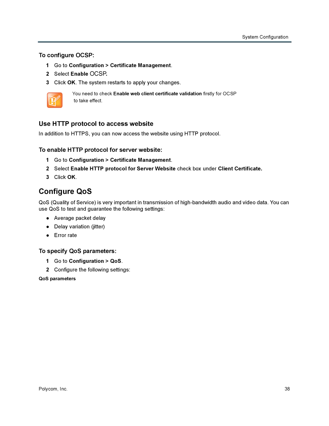 Polycom 40/0 manual Configure QoS, Use Http protocol to access website, To configure Ocsp, To specify QoS parameters 