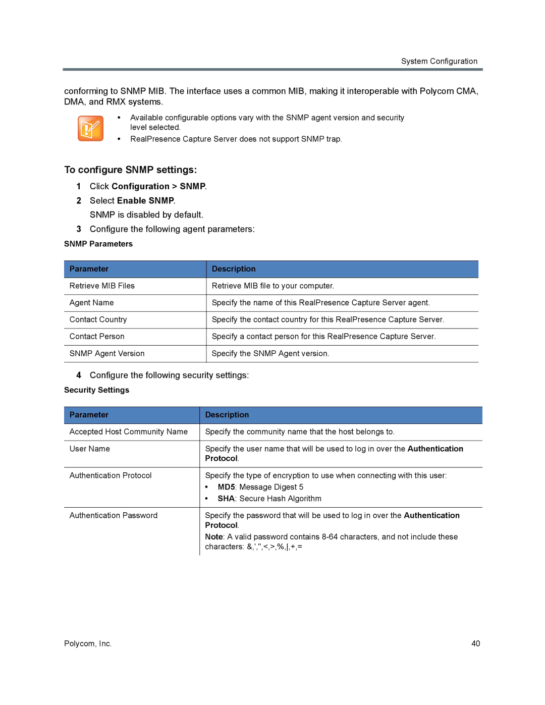 Polycom 40/0 manual To configure Snmp settings, Configure the following agent parameters 