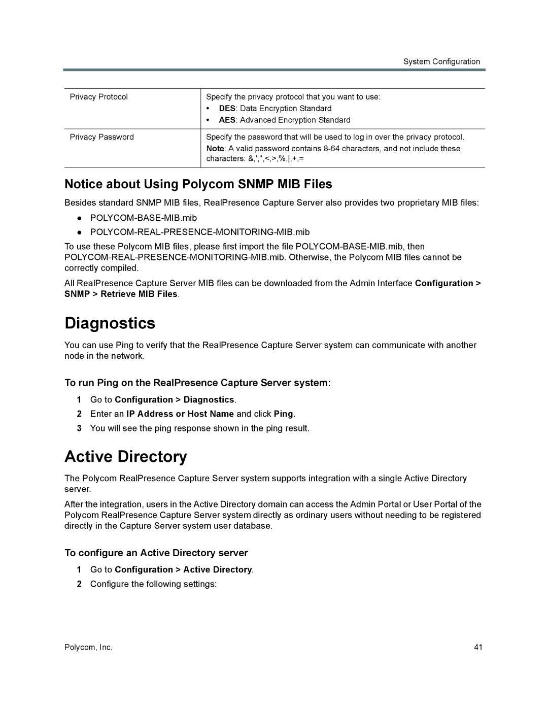 Polycom 40/0 manual Diagnostics, Active Directory, To run Ping on the RealPresence Capture Server system 