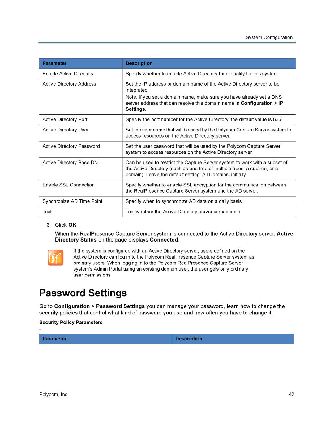 Polycom 40/0 manual Password Settings, Security Policy Parameters Description 