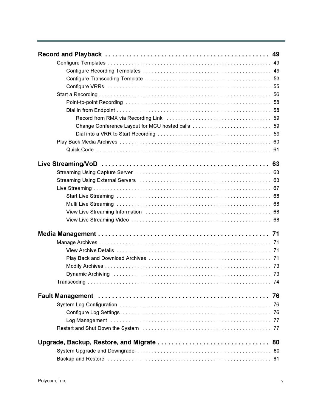 Polycom 40/0 manual Record and Playback, Live Streaming/VoD, Media Management, Fault Management 