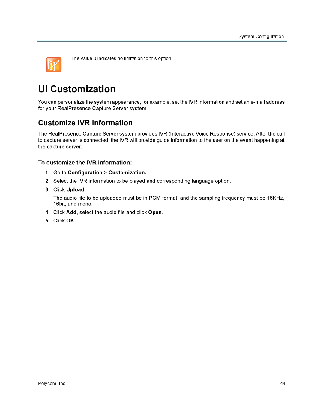 Polycom 40/0 manual UI Customization, Customize IVR Information, To customize the IVR information 