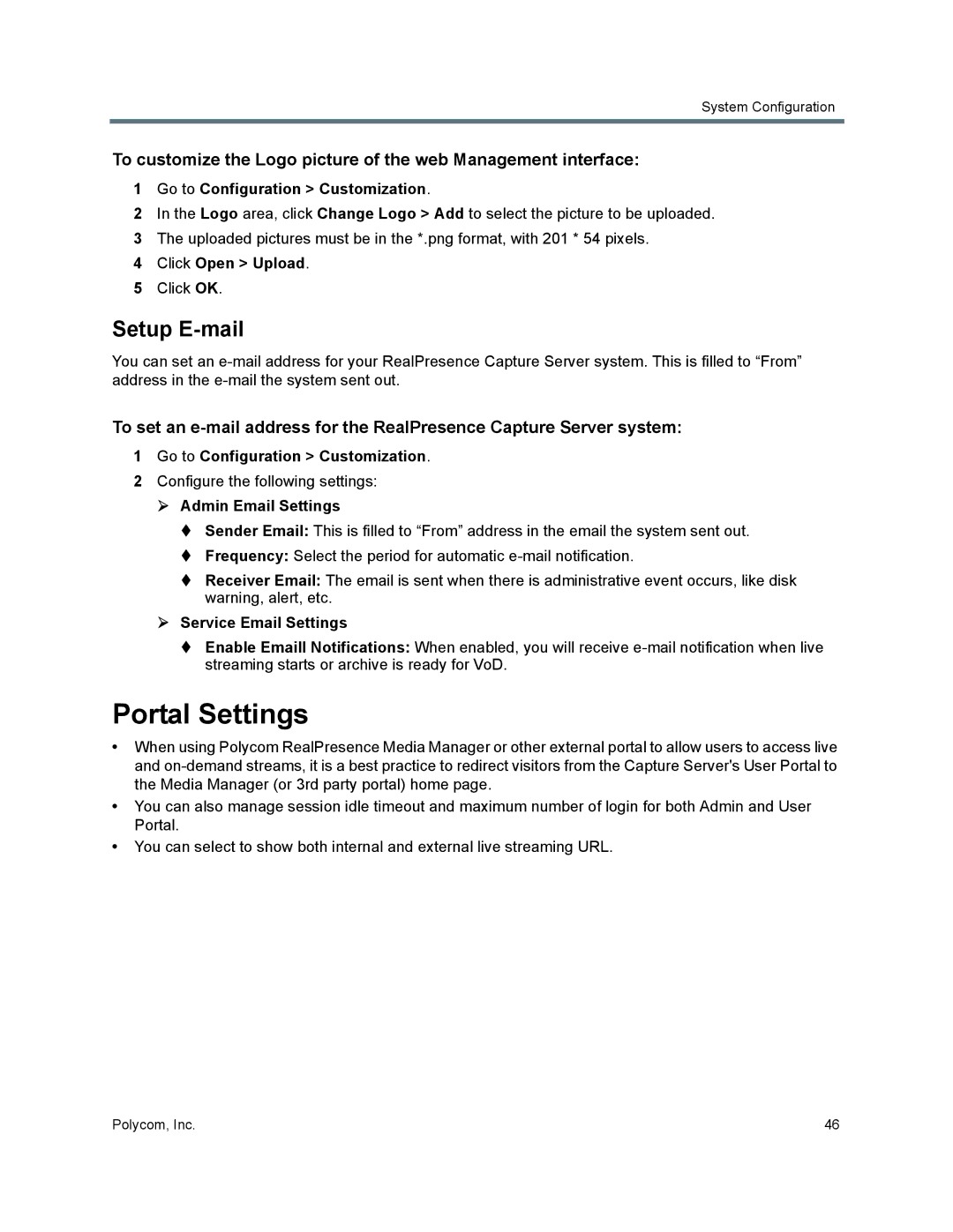 Polycom 40/0 manual Portal Settings, Setup E-mail, Click Open Upload,  Admin Email Settings,  Service Email Settings 