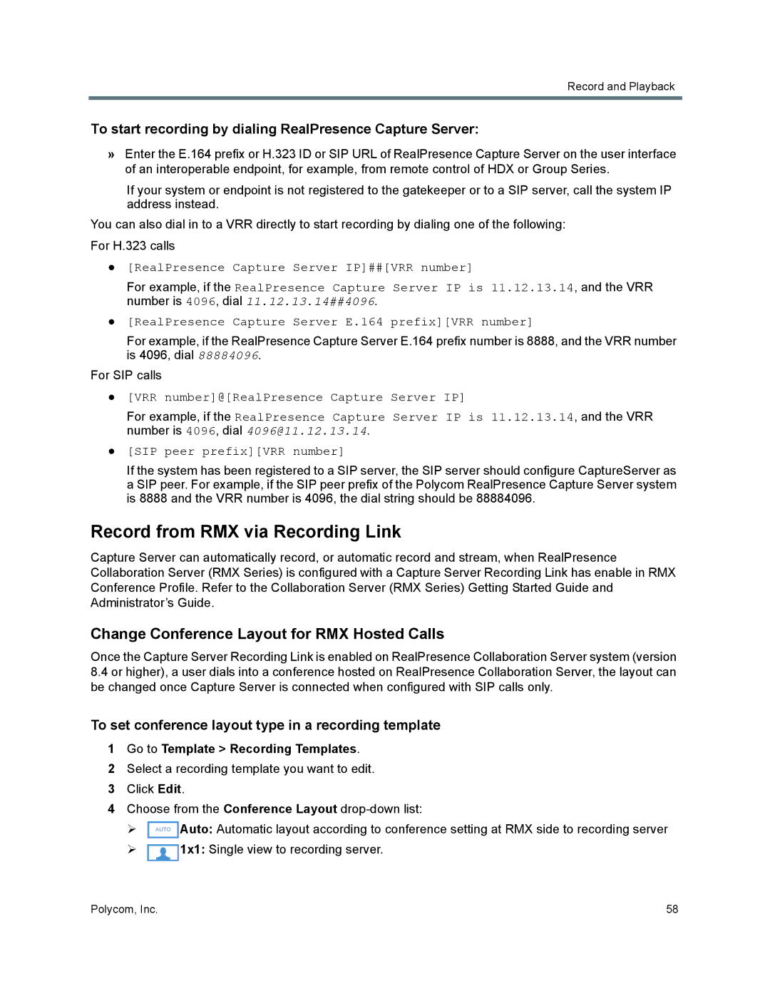 Polycom 40/0 manual Record from RMX via Recording Link, Change Conference Layout for RMX Hosted Calls 