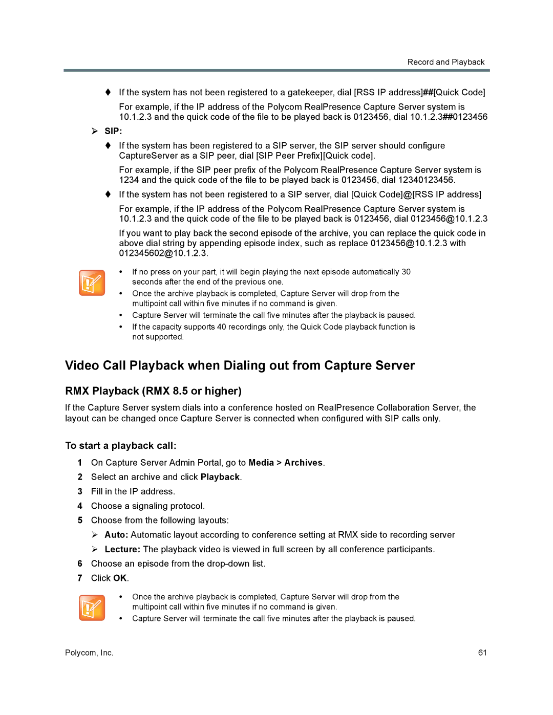 Polycom 40/0 manual Video Call Playback when Dialing out from Capture Server, RMX Playback RMX 8.5 or higher,  Sip 