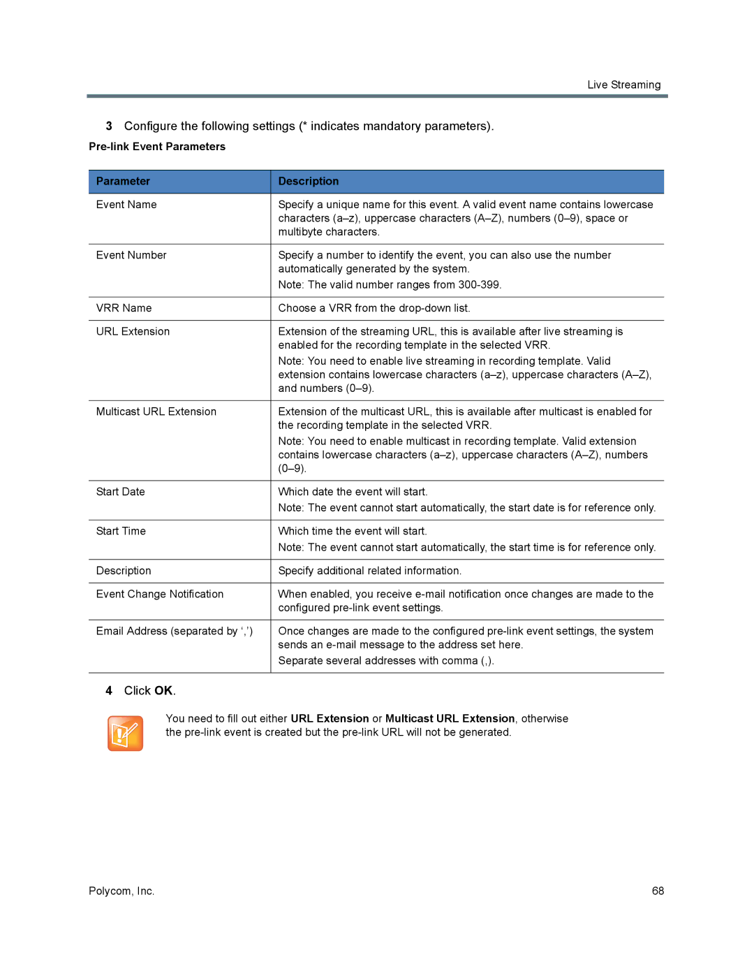 Polycom 40/0 manual Pre-link Event Parameters Description 